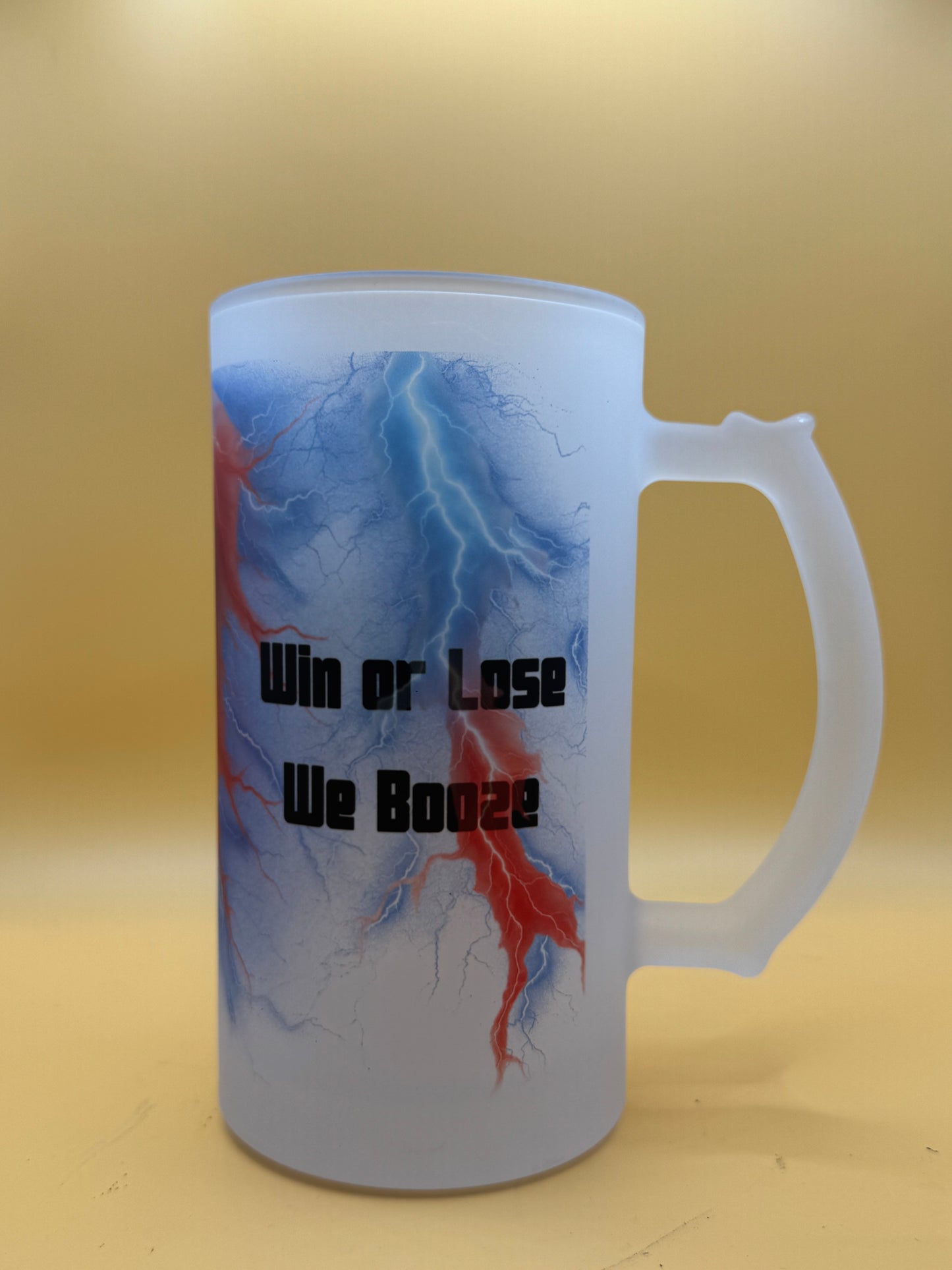 Bills Mafia Frosted Beer Mug | Buffalo Football Lightning Glass Stein | “Win or Lose We Booze” | Game Day Tailgate Gift