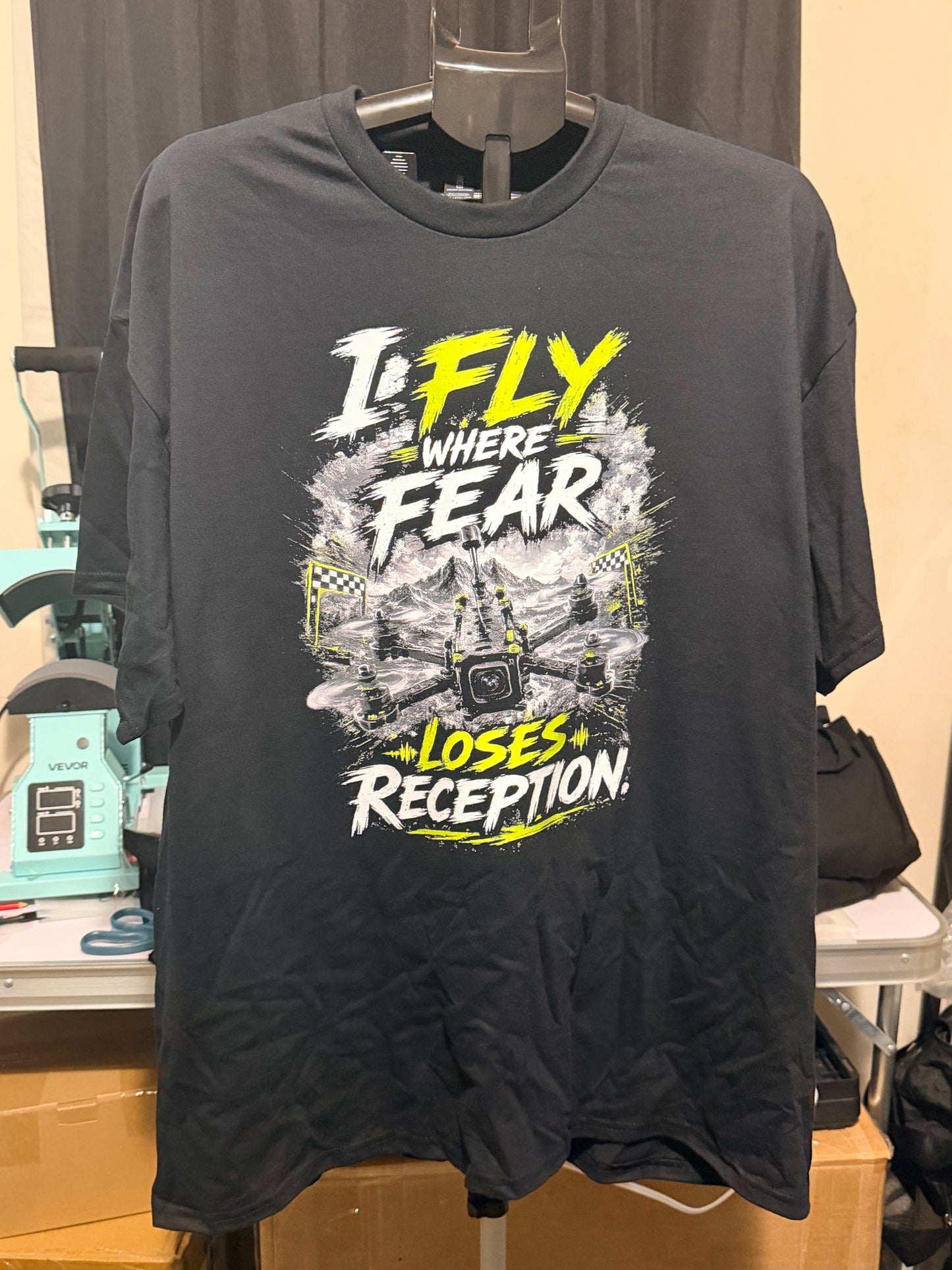 FPV Drone Shirt | I Fly Where Fear Loses Reception T-Shirt | FPV Pilot Gift | Drone Racing Tee | Freestyle Quadcopter Apparel