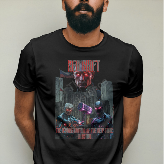 Red Shift Cyberpunk T-Shirt - The Deconstruction of the Deep State | Dystopian Art Tee
