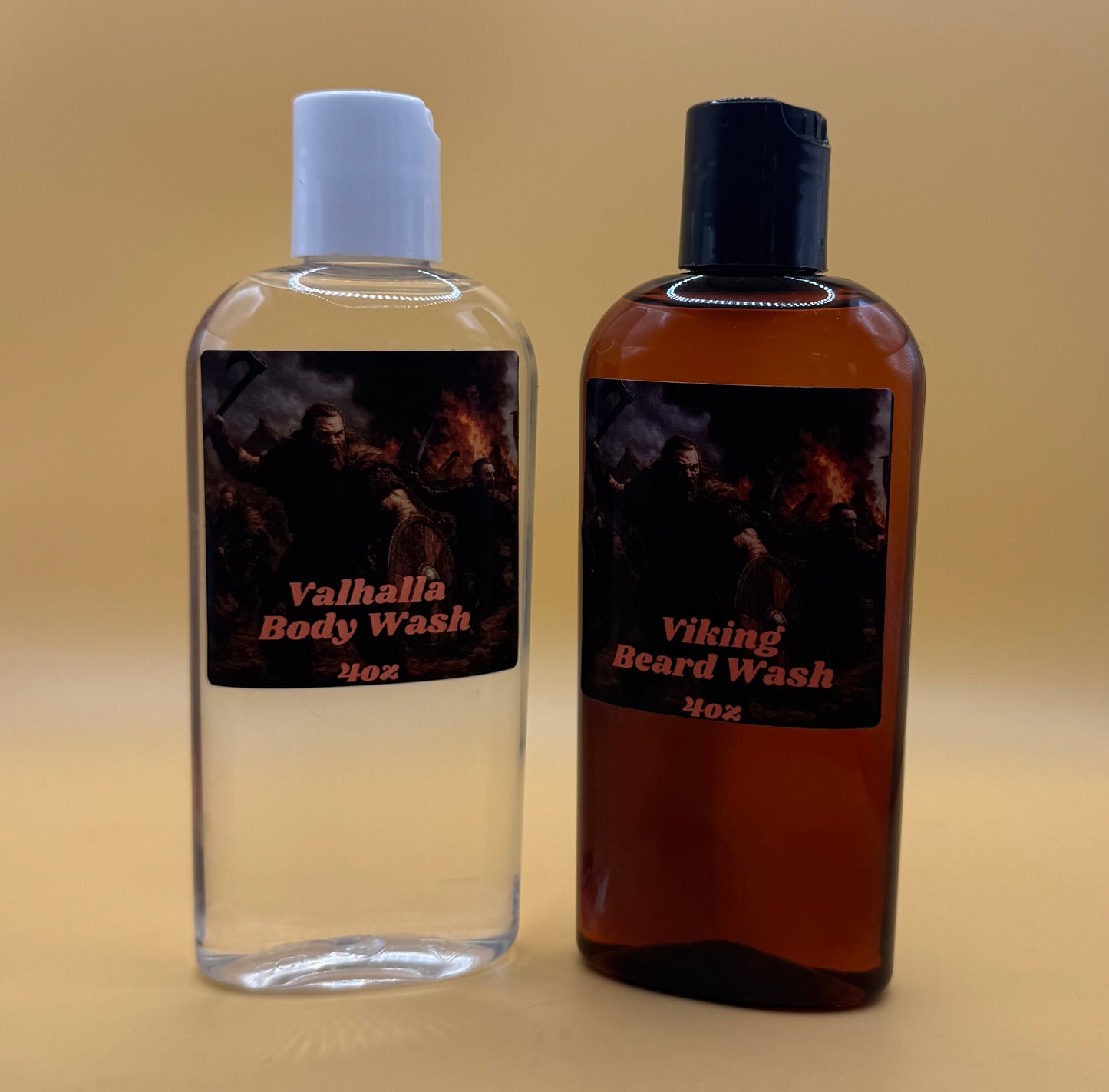 Two bottles with dark labels on a beige surface