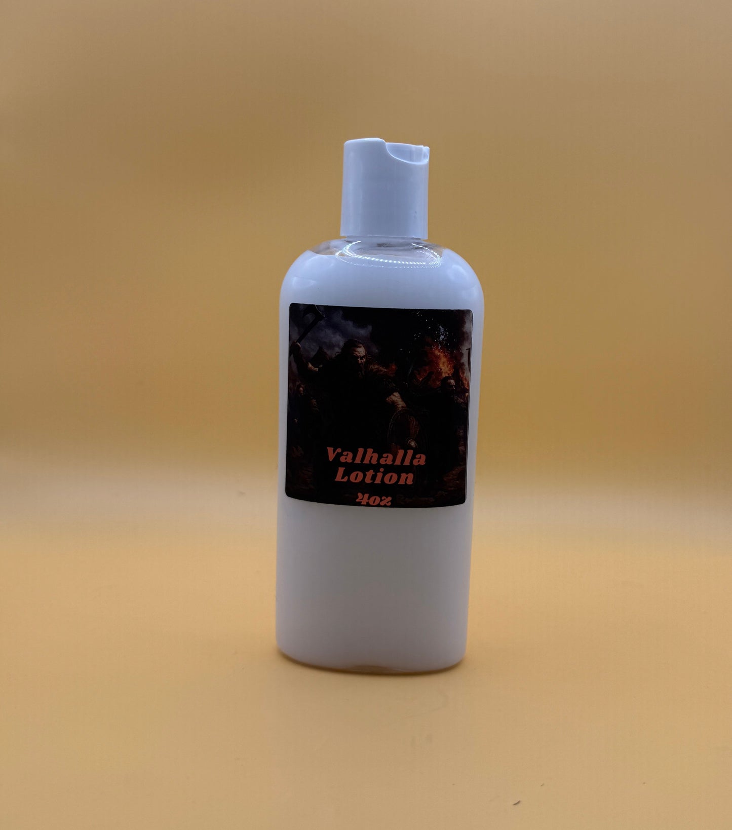 White bottle with a label on a beige surface