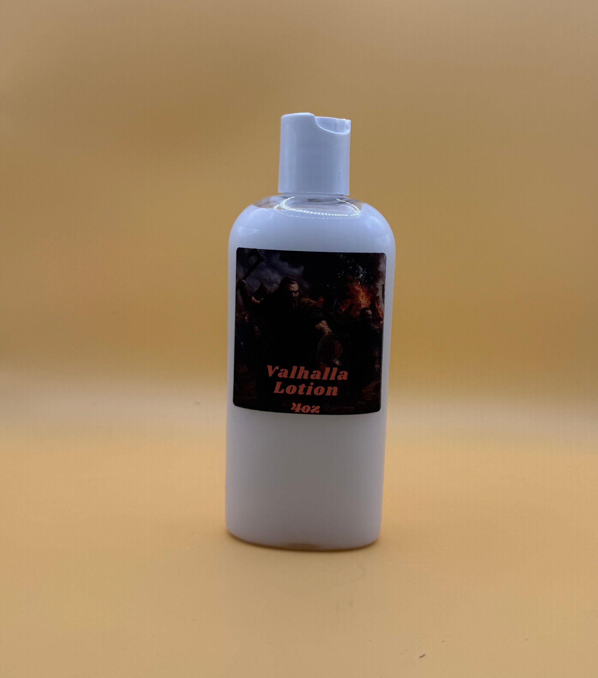 White bottle with a label on a beige surface