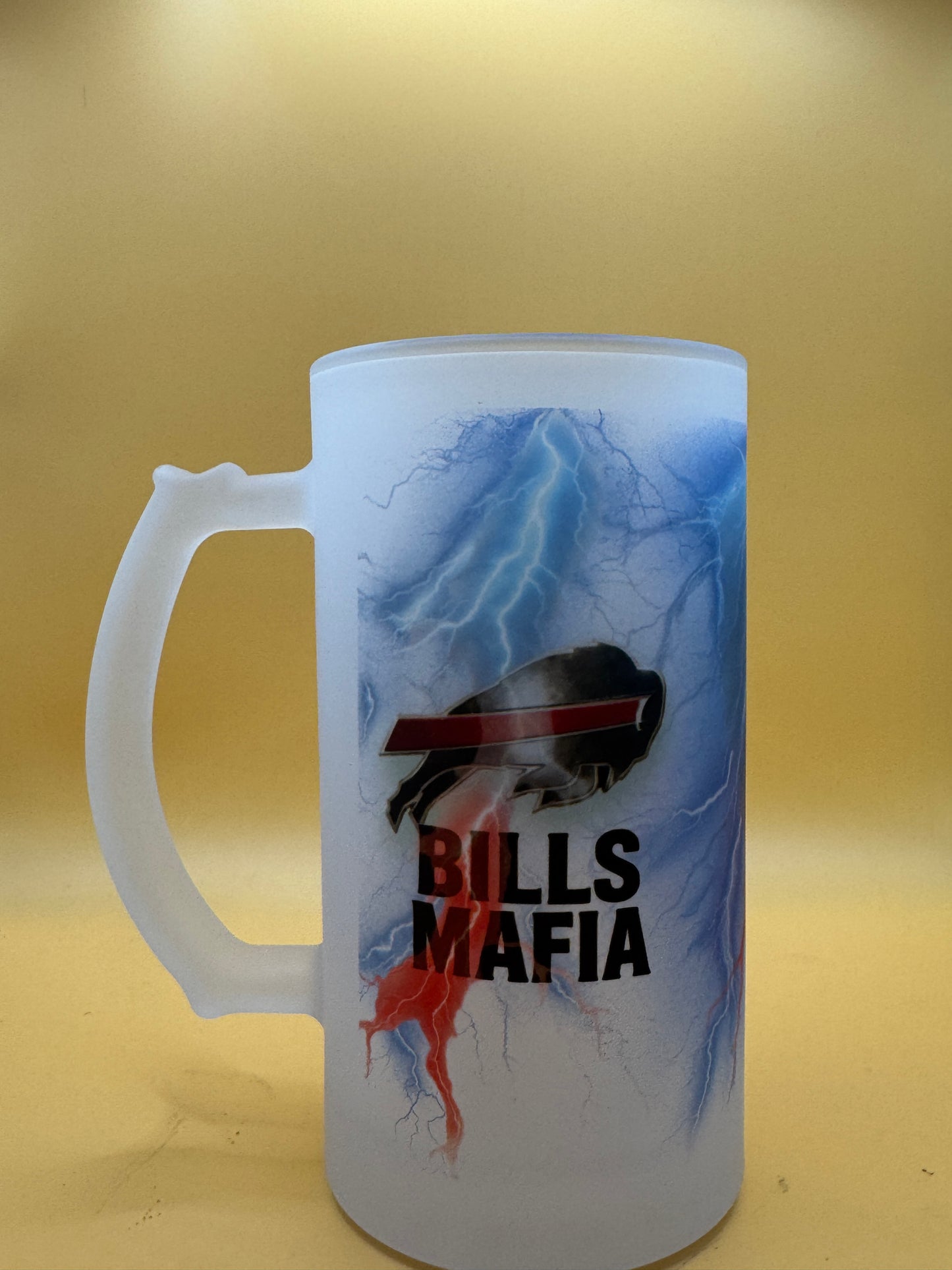 Bills Mafia Frosted Beer Mug | Buffalo Football Lightning Glass Stein | “Win or Lose We Booze” | Game Day Tailgate Gift
