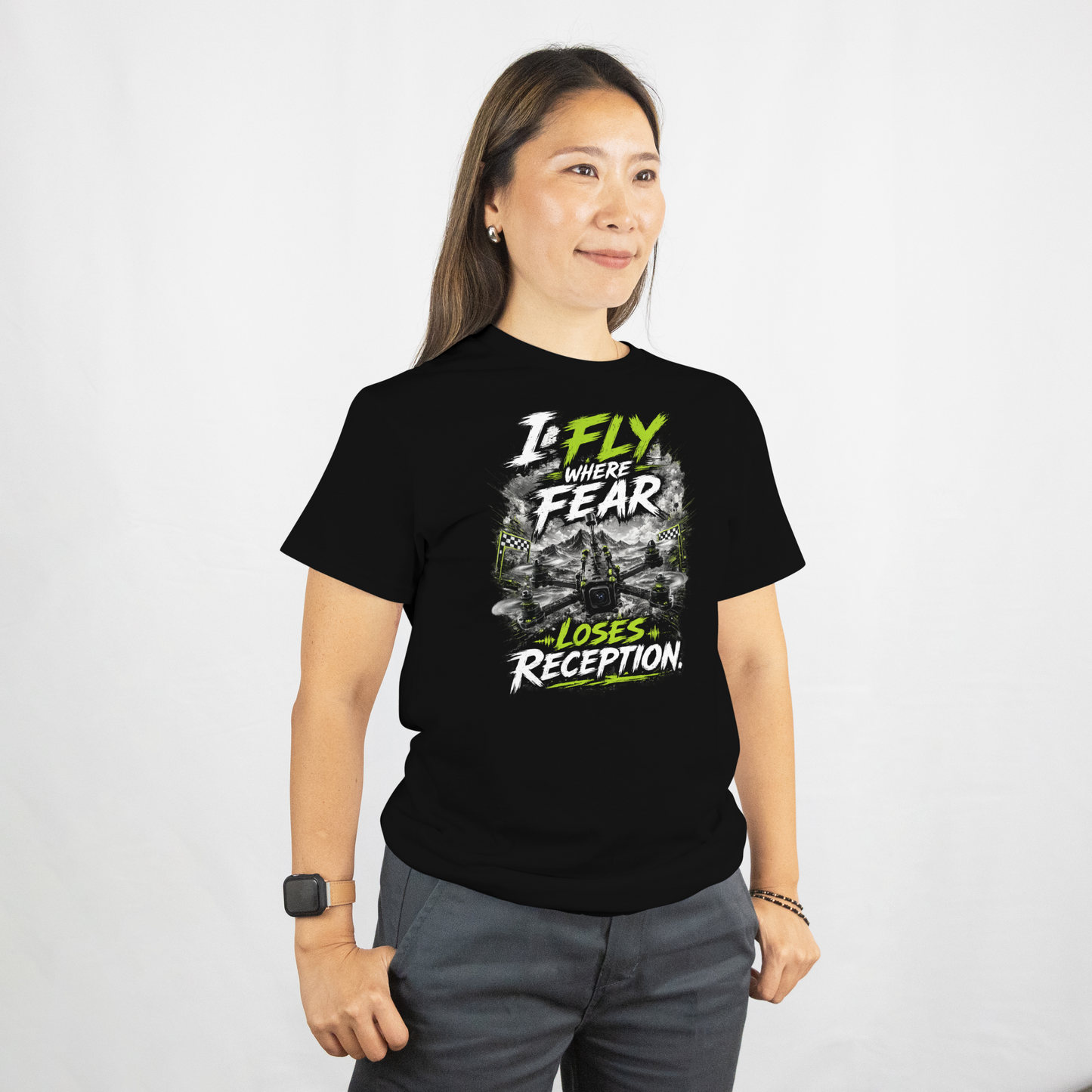 FPV Drone Shirt | I Fly Where Fear Loses Reception T-Shirt | FPV Pilot Gift | Drone Racing Tee | Freestyle Quadcopter Apparel