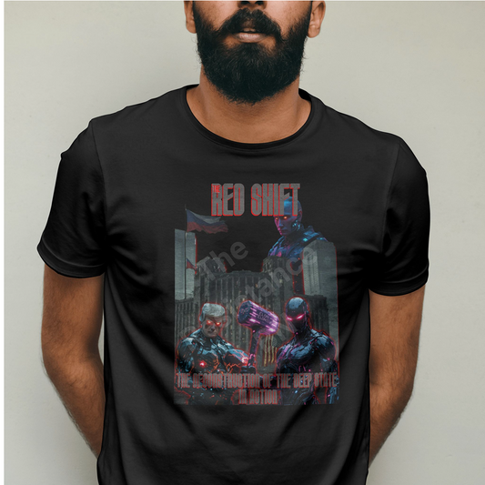 Red Shift Cyberpunk T-Shirt - The Deconstruction of the Deep State | Dystopian Art Tee