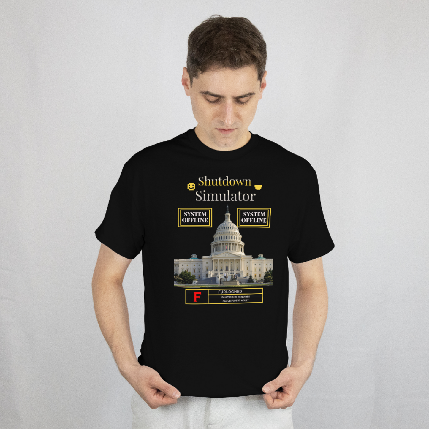 Shutdown Simulator T-Shirt – Funny Government Furlough Tee | Federal Worker Humor | Gift for Government Employees